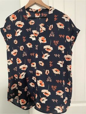 Pleione Navy Floral Short-Sleeve V-Neck Blouse with Cream and Orange Blooms